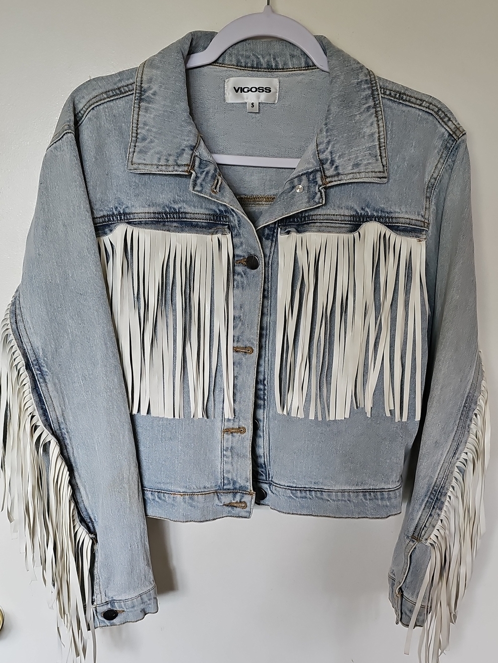 Vigoss Light Blue Denim Jacket with White Fringe. Fun Jacket! Size S.